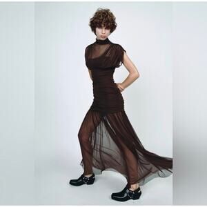 Zara Tulle Combination Dress Size Medium Espresso Brown Ruched Mesh Maxi Gown